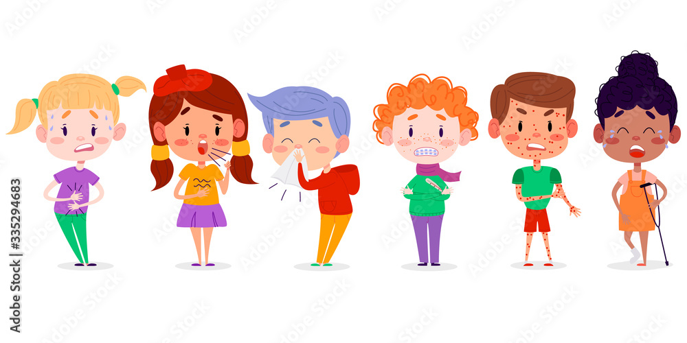 children disease symptoms vector illustration. Kids flat character cartoons illustration on white isolated background. Children have stomachache, fever, chickenpox, broken leg, sneeze and cough