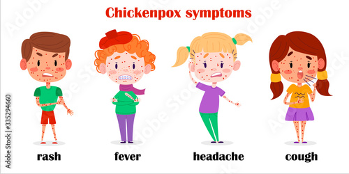 Sick children chickenpox symptoms. Kids diseases symptomatic behavior. Isolated on white background. Vector illustration