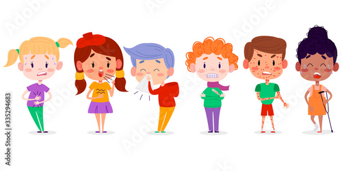 children disease symptoms vector illustration. Kids flat character cartoons illustration on white isolated background. Children have stomachache, fever, chickenpox, broken leg, sneeze and cough