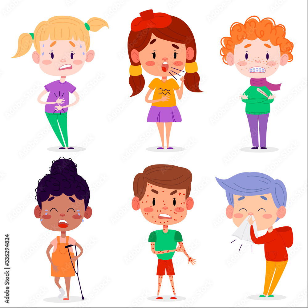 children disease symptoms vector illustration. Kids flat character