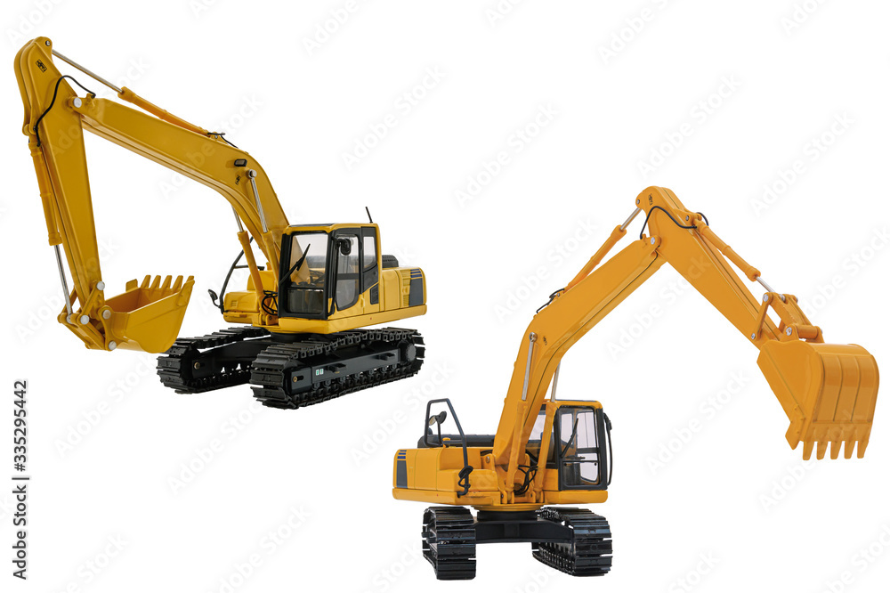Two yellow excavator model, machinery in heavy industry with isolated on a white background with bucket lift up Two yellow excavator model, machinery in heavy industry with isolated on a white background with bucket lift up