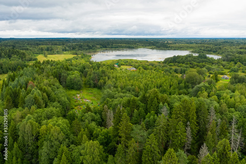 Aerial view of Lake Oleshno near the village of Mshentsi. Tver region, Russia