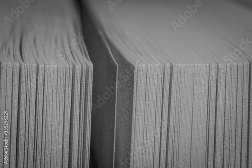Closeup of a partly open book with a gap in between - black and white