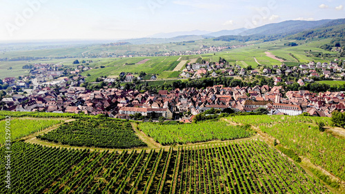 Drone view over the vineyards of Alsace, France with view of the Town of Ribeauvillé