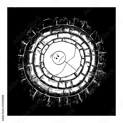 Vector cartoon stick figure drawing conceptual illustration of man looking in to dry well, concept of meteorology, drought or dry season.