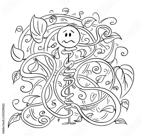 Vector cartoon stick figure drawing conceptual illustration of man, gardener or farmer trapped and twisted by creeping or climbing plant.