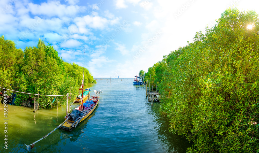 Obraz premium Small tour boat waiting for tourists in the mangrove forest. 
