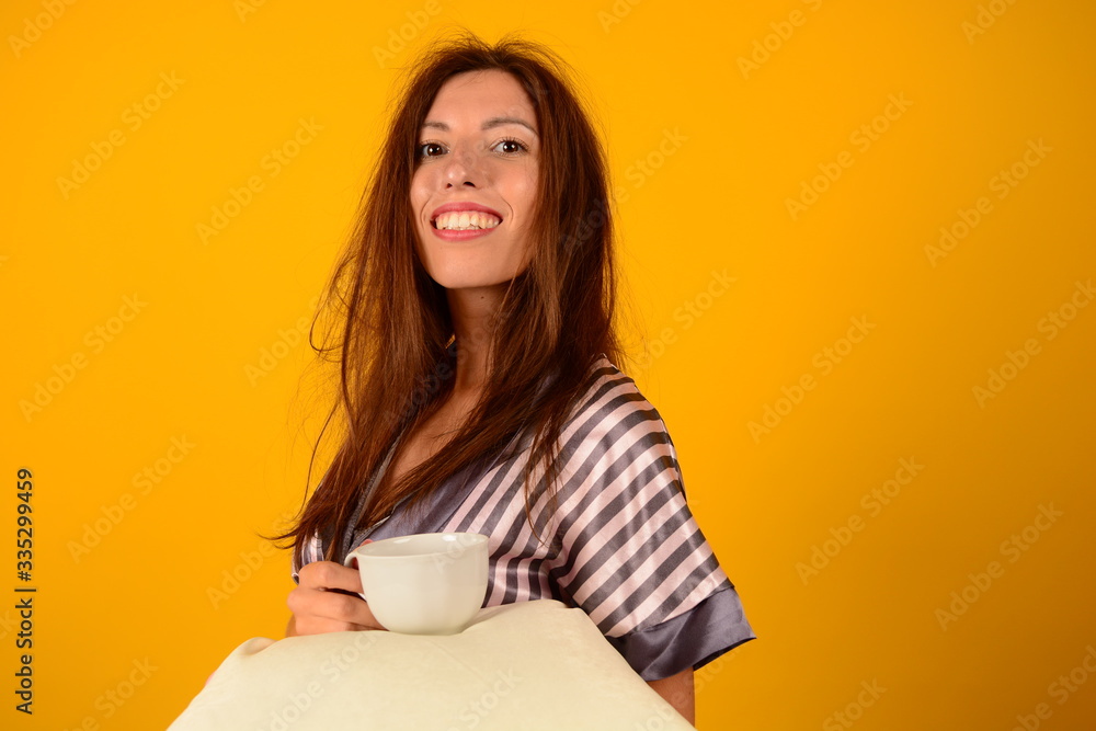 smiling woman woke up in the morning with a pillow mug smiling woman woke up in the morning with a pillow mug