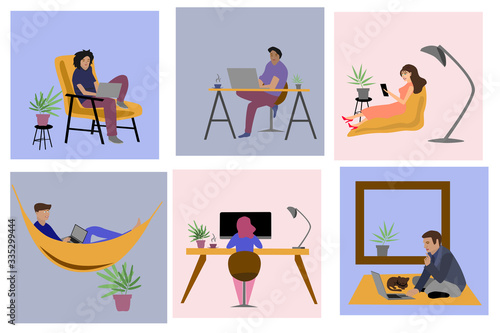 Home office work from home, illustration of people woman and man sitting and working on computer or tablet vector stylish coworking examples