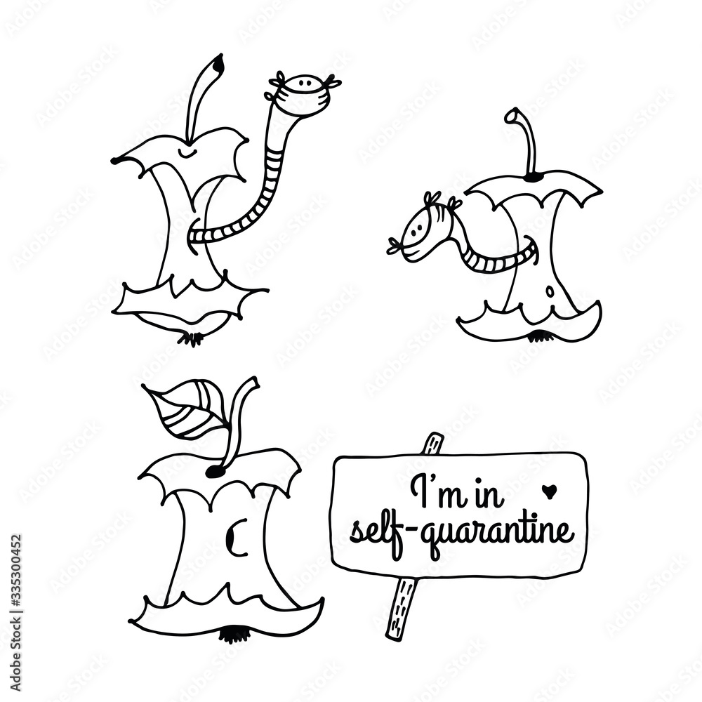 Cartoon worms in apple core in face masks in self quarantine, hand drawn vector illustration isolated on white background Cartoon worms in apple core in face masks in self quarantine, hand drawn vector illustration isolated on white background