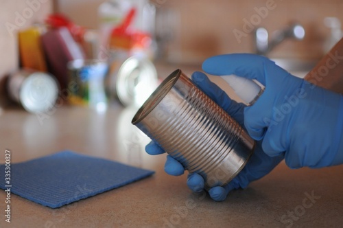 Disinfecting products after receiving products at home. Food home delivery photo