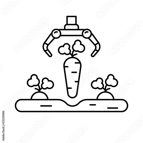 Farming robot. Line art icon of automatic harvesting. Illustration of pulling carrots from ground. Contour isolated vector of modern technology in agriculture, smart computer for high productivity
