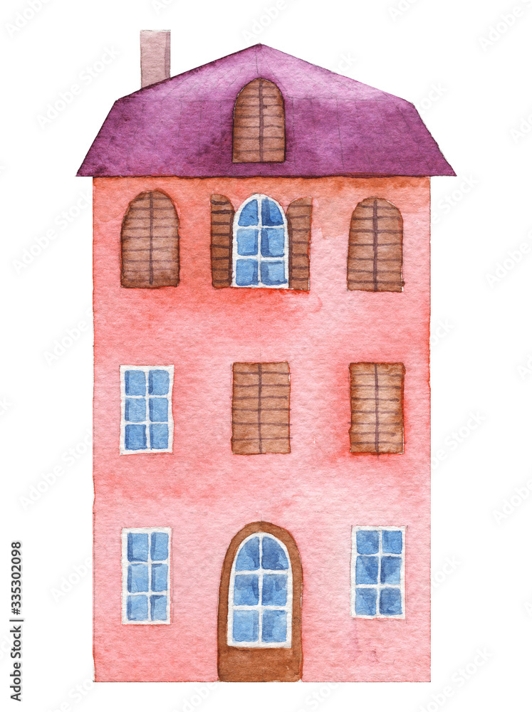 Watercolor hand drawn illustration of red Mediterranean house