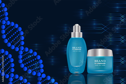 Beauty product ad design, blue cosmetic containers with collagen solution advertising background ready to use, luxury skin care banner, illustration vector.