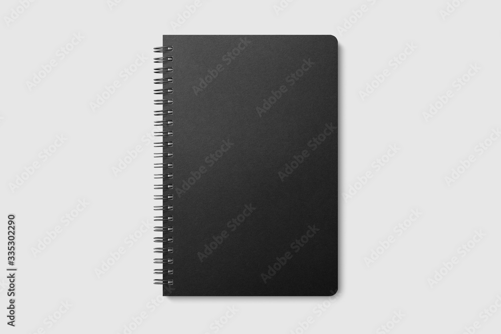 Real photo, spiral bound notepad mockup template with black paper cover, isolated on light grey background. High resolution. Real photo, spiral bound notepad mockup template with black paper cover, isolated on light grey background. High resolution.
