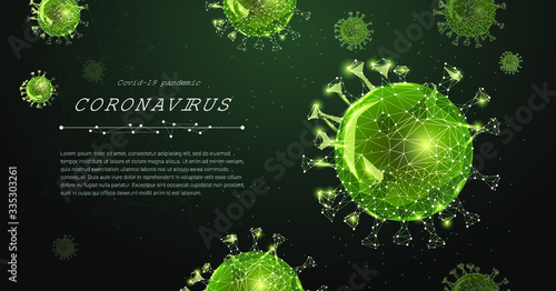 Futuristic Coronavirus, Covid-19 web banner template with glowing low polygonal virus cells on dark green background. Virus pandemic alert. Modern wire frame mesh design vector 3d illustration