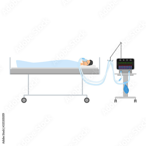 A man lying on the bed with CPAP. The device for artificial ventilation of the lungs. Sleeping Apnea. Isolated vector.