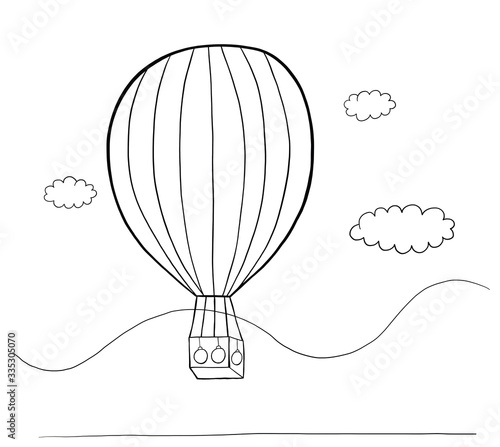 Vector hand drawn of hot air balloon. Black outlines and white background.