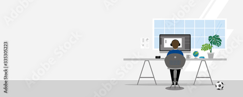 Work at home design of man using computer in white room vector illustration