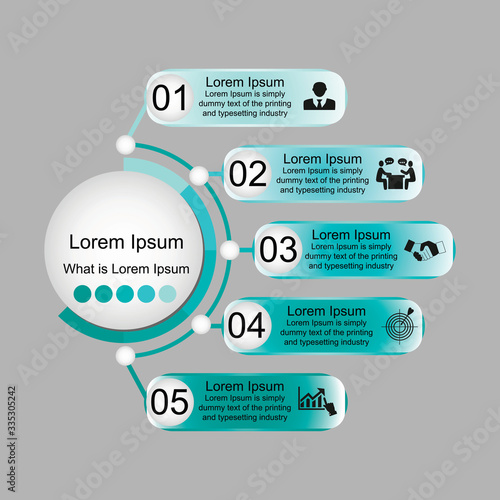 Business data visualization, infographics. Scheme of the process of elements with the help of graphs, diagrams of a circle in five steps, numbers, variants, parts. Business vector for presentation.