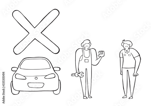 Vector car mechanic was unable to repair the car and said negatively. The customer is also very upset. Hand drawn illustration. Black outlines, white background.