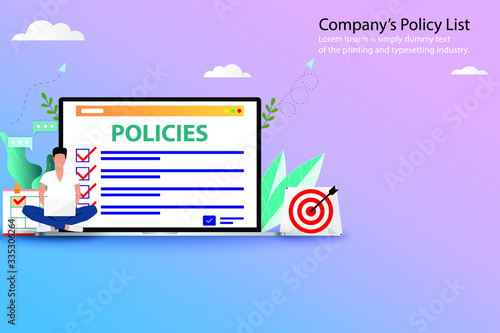 Business concept of company's policy, businessman is working with his laptop and sit in front of the display that contain company's policy in pastel color background.