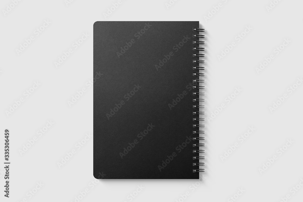 Real photo, spiral bound notepad mockup template with black paper cover, isolated on light grey background. High resolution. Real photo, spiral bound notepad mockup template with black paper cover, isolated on light grey background. High resolution.