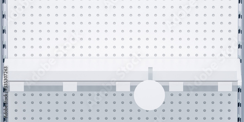 3D image front view. White grocery retail shelf with shelf talker, round wobbler and place for shelf stripe on shelving background design template for mock up.