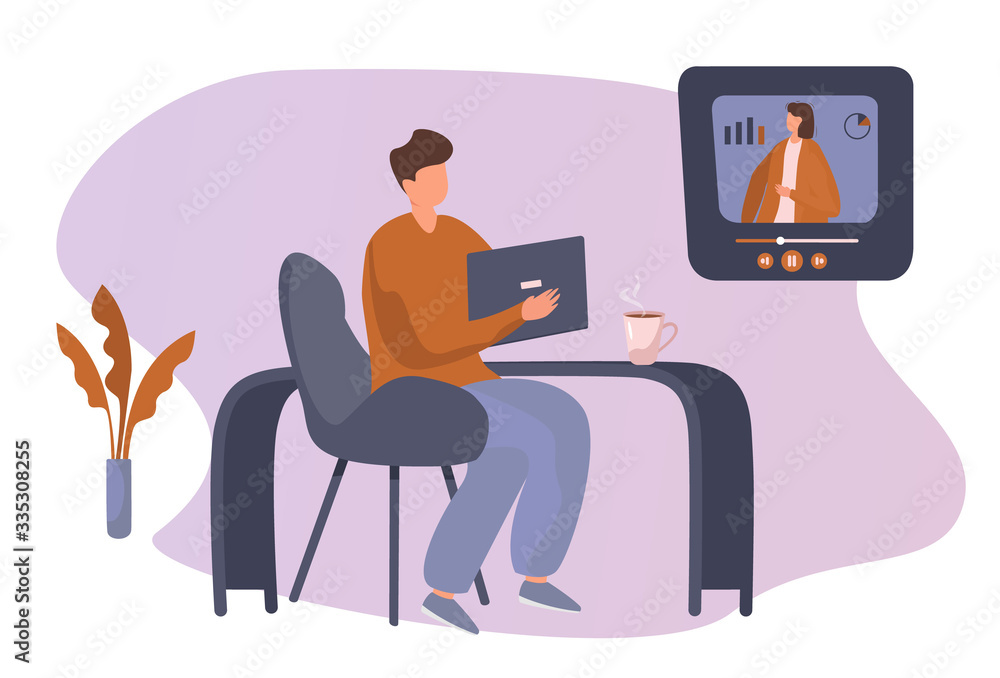 Boy Watching Online Courses.Student Freelancer Working at Home.Online Business School Concept.Online Video Communication.Concept of Video Presentation and Training in Business.Vector Flat illustration Boy Watching Online Courses.Student Freelancer Working at Home.Online Business School Concept.Online Video Communication.Concept of Video Presentation and Training in Business.Vector Flat illustration