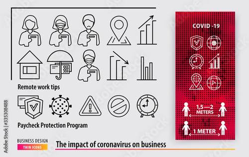 Line black icons. Business support during the coronavirus epidemic. Remote work tips. Paycheck protection program. Keep distance 1 meter. Halftone red background