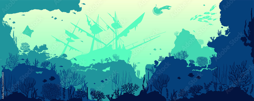 Silhouette of coral reef with fishes and wreck on bottom in blue sea. Vector nature illustration. Marine underwater life. - obrazy, fototapety, plakaty 