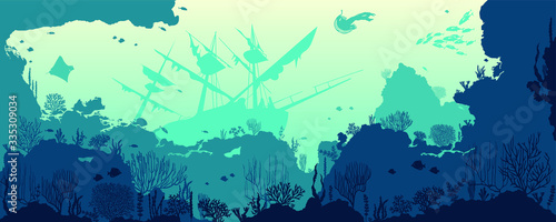 Obraz na plátně Silhouette of coral reef with fishes and wreck on bottom in blue sea