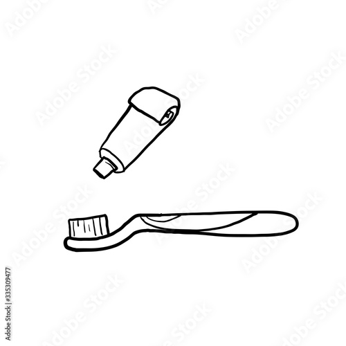 hand drawn toothbrush and toothpaste illustration with doodle style vector