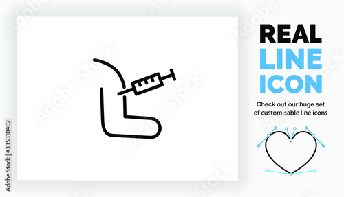 Editable real line icon of a person getting a injection, vaccination or blood test at the doctor in his arm in modern black lines on a clean white background as a eps vector file