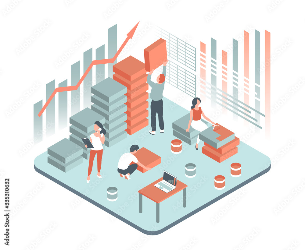 Young people work together. The growth of financial profits of a company or enterprise. Vector illustration in isometric style with diagrams and statistics.