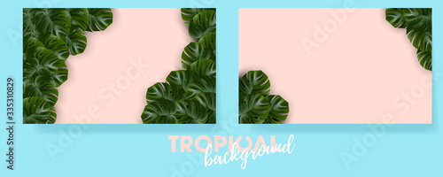 Tropical beach. Floral jungle palm background. Vector tropic illustration. Exotic tropical jungle rainforest bright green monstera leaves border frame template on pink background.