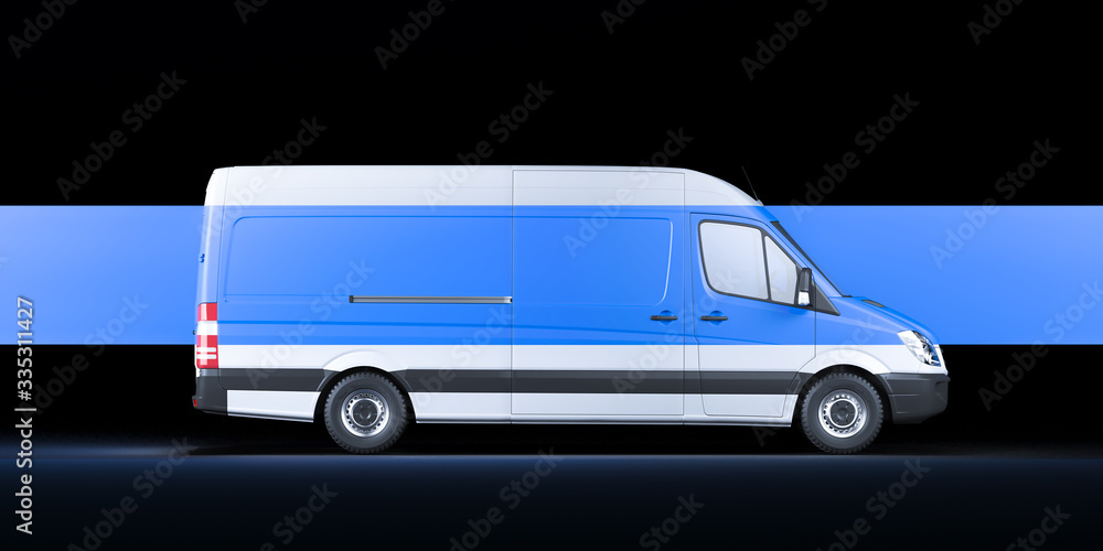 White Van With Blank Blue Stripe Isolated On Black Background. Fast Delivery In Quarantine Time. 3D Rendering