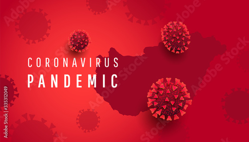 Voronavirus pandemic horizontal banner with germany country map and covid 19 cells on red background photo