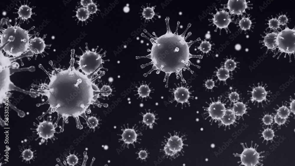 3D rendering, white coronavirus cells covid-19 influenza flowing on black gradient background as dangerous flu strain cases as a pandemic medical health risk 3D rendering, white coronavirus cells covid-19 influenza flowing on black gradient background as dangerous flu strain cases as a pandemic medical health risk