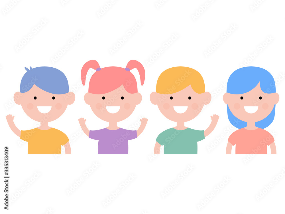 Group of little girls and boys in flat design. Happy Children's Day. Cartoon characters vector illustration isolated on white
