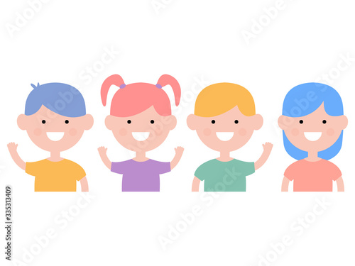 Group of little girls and boys in flat design. Happy Children's Day. Cartoon characters vector illustration isolated on white