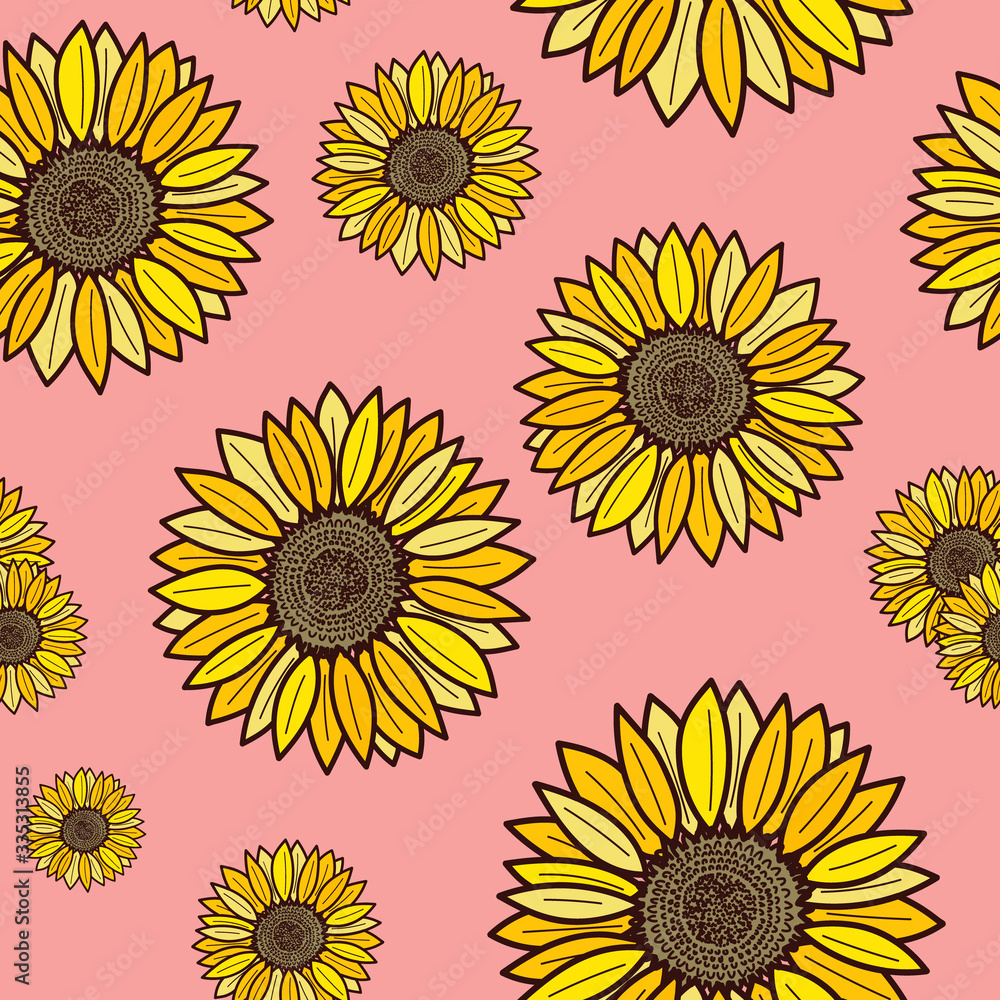 Seamless pattern with warm sunflowers in different dimensions Seamless pattern with warm sunflowers in different dimensions