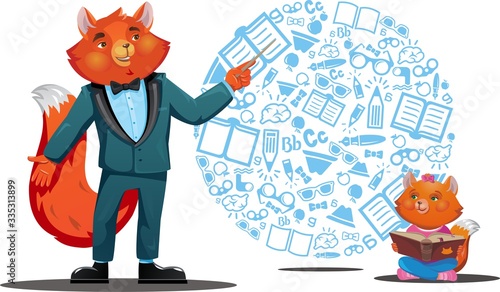 Teacher and student in the classroom, drawing in a vector. A Fox teacher and a Fox cub student.
