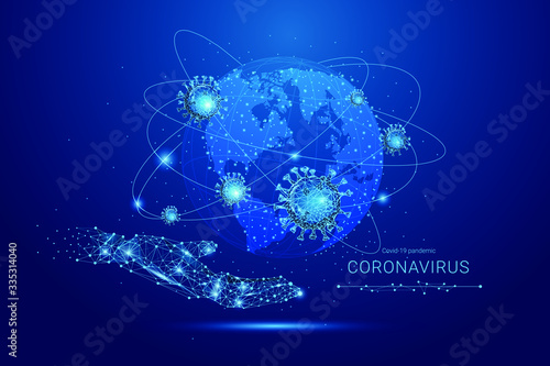 COVID-19 Pandemic concept. Coronavirus 2019-nCoV virus attack on Earth globe. Abstract low polygonal planet Earth and virus cells. Viruses, bacteria, microbes on world map simulation. Editable Vector.