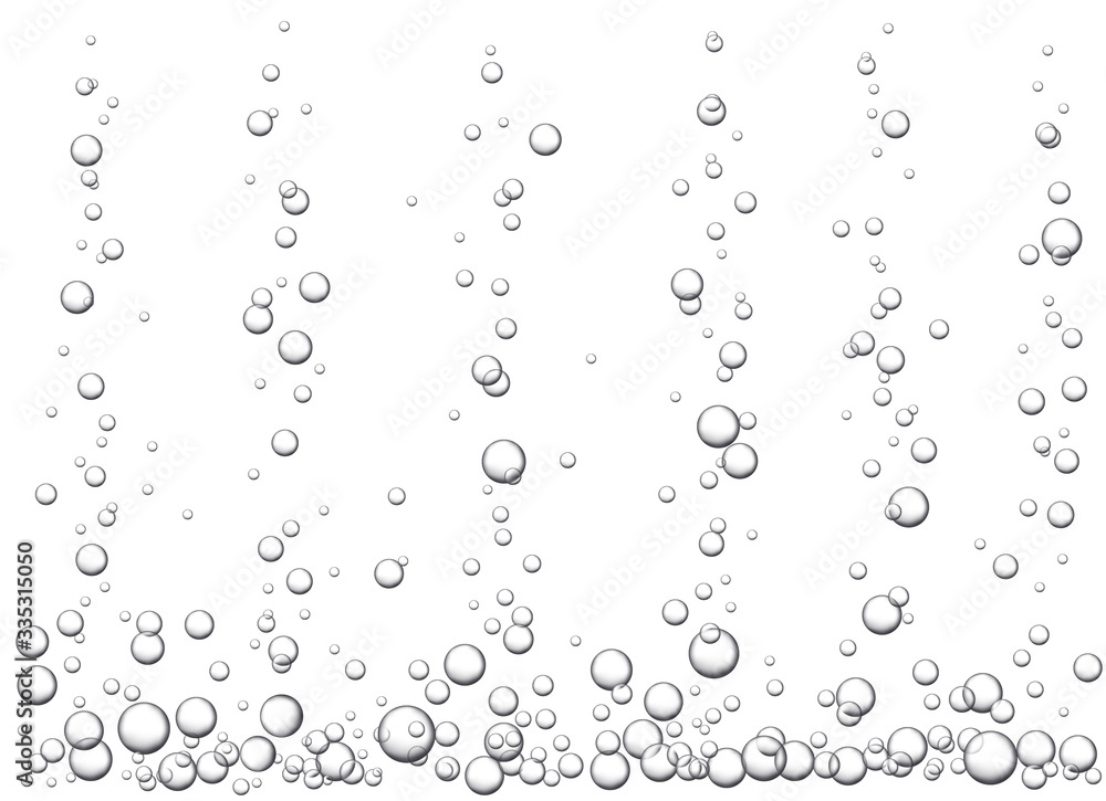 Vector white background with fizzing air bubbles going up in the water. Fizzy sparkles in aquarium. Underwater texture.