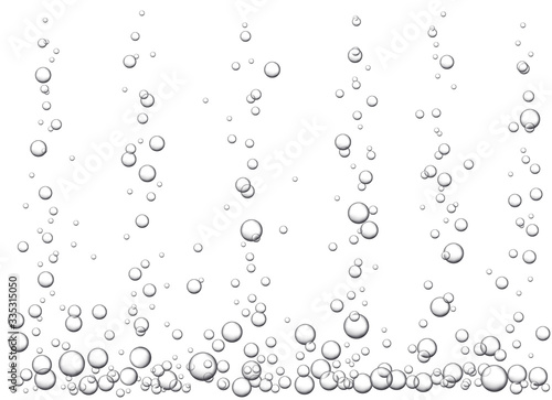 Vector white background with fizzing air bubbles going up in the water. Fizzy sparkles in aquarium. Underwater texture.