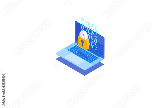 Isometric network security protection and the security of your data concept. Hacker Attack Protection