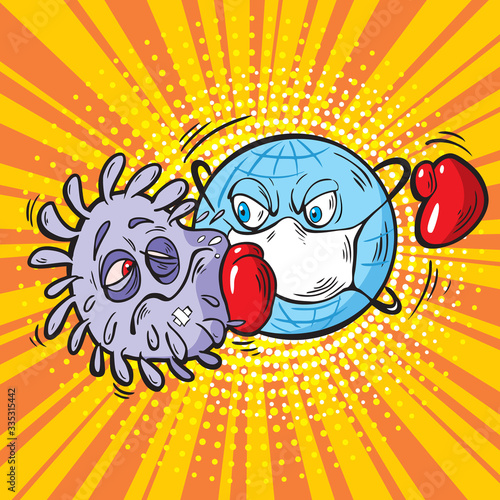 The globe defeated the coronavirus. Cartoon funny globe sends the virus Covid 19 knocked out. Comic style drawing.