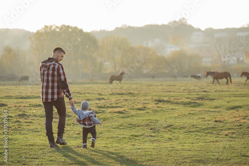 Family in a summer field. Father in a red shirt. People walking near horses/