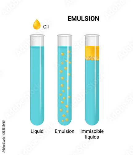 Vector illustration of emulsion of two liquids (oil and water) in tubes isolated on white background